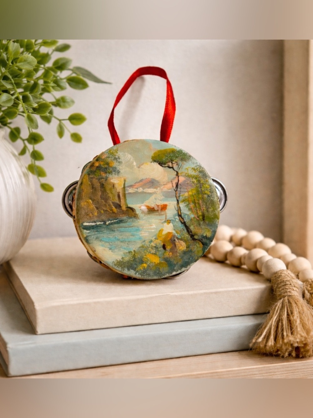 Hand Painted Mini Tambourine Ornament Coastal Folk Art Nautical 3” Ceramic